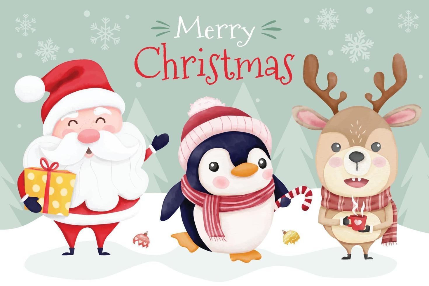 Watercolor christmas card with cute santa and friends vector