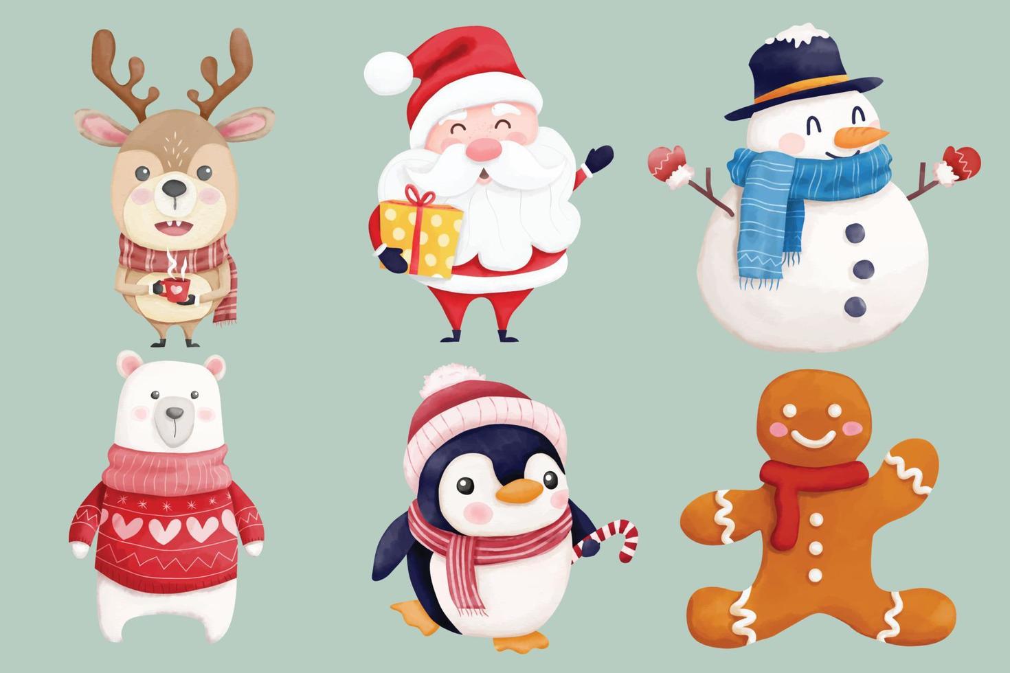 conjunto de personajes navideños de acuarela vector