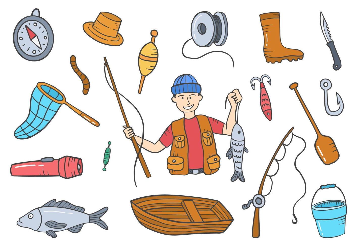 fisherman or fishing jobs profession doodle hand drawn set collections vector