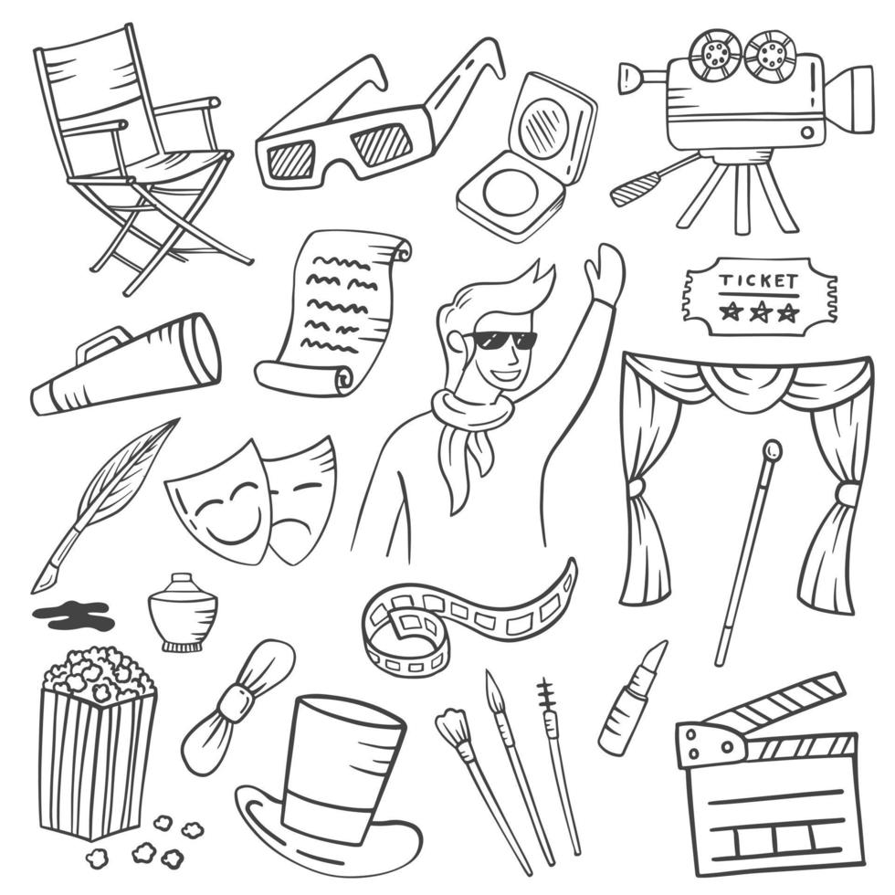 actor or artist jobs or profession doodle hand drawn set collections