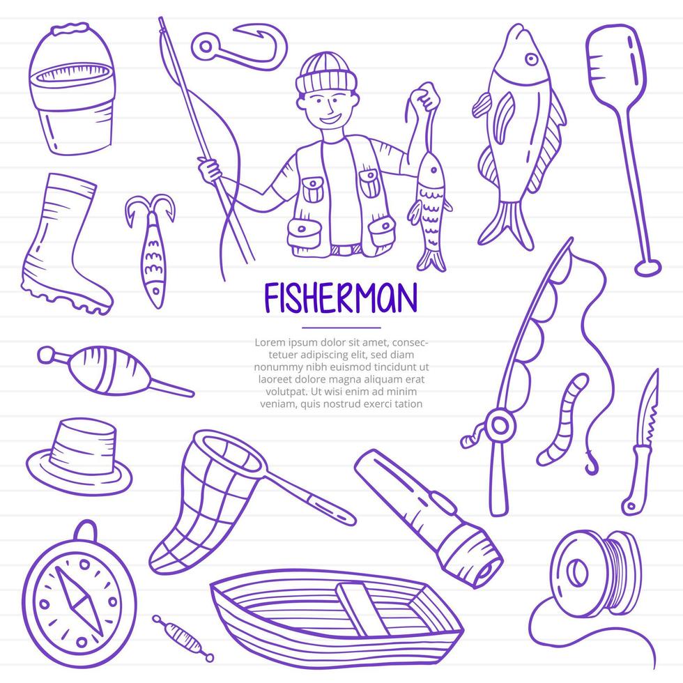 pescador o pesca doodle dibujado a mano vector