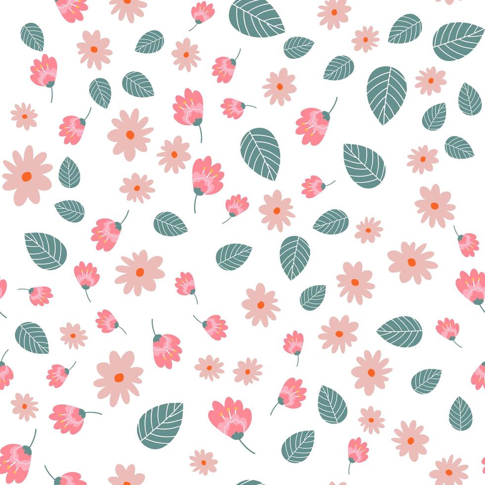 Vector floral pattern in doodle style with flowers and leaves. Gentle, spring floral background.