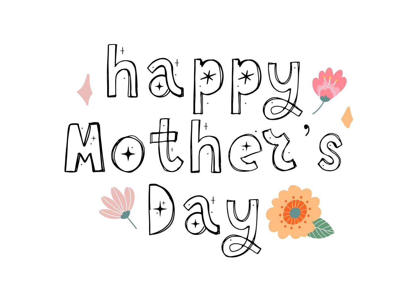 Happy Mothers day greeting card with typographic design and floral elements. Vector illustration. Paper cut style with blooming flowers, leaves and abstract shapes on white background. The best mom.