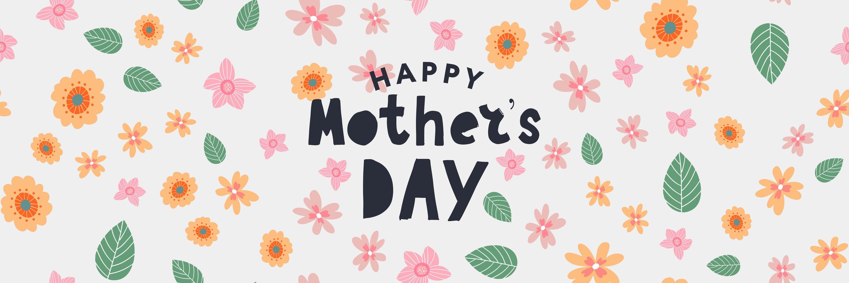 Happy Mothers day greeting card with typographic design and floral elements. Vector illustration. Paper cut style with blooming flowers, leaves and abstract shapes on white background.