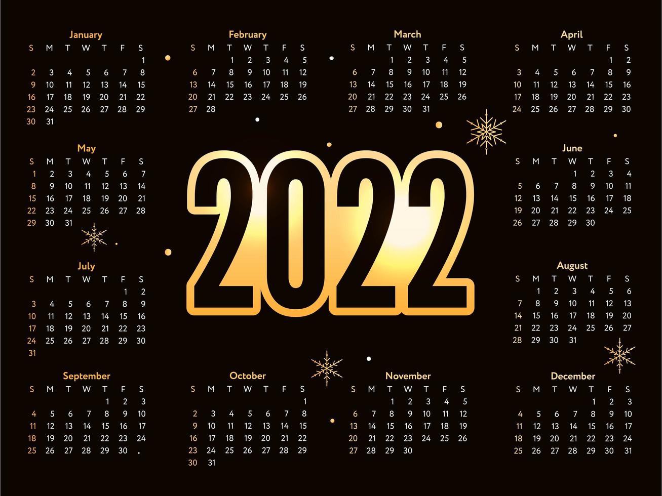 2022 Christmas lettering golden New Year Sketch Calendar Week starts on Sunday. vector