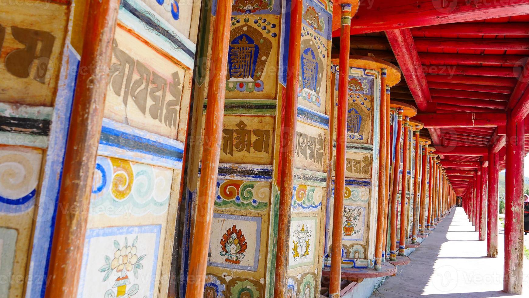 Prayer wheel in Arou Da Temple in Qinghai China. photo