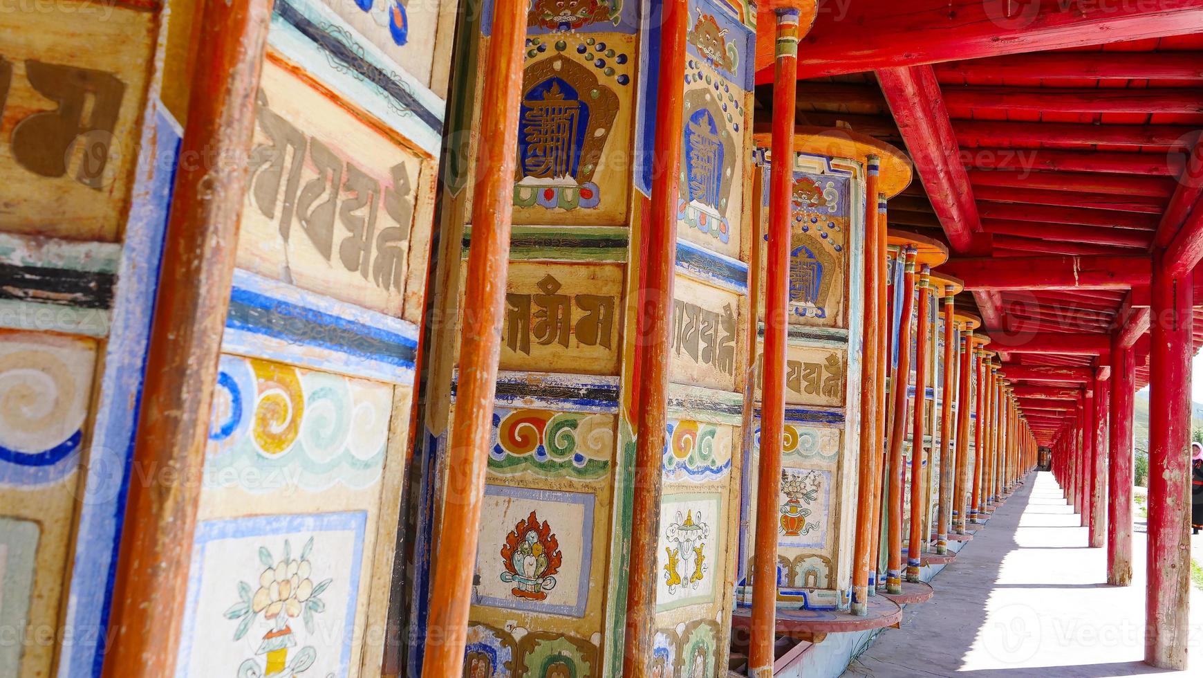 Prayer wheel in Arou Da Temple in Qinghai China. photo