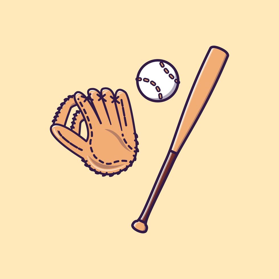 Ilustración de icono de vector de dibujos animados de béisbol de bate, guante y pelota