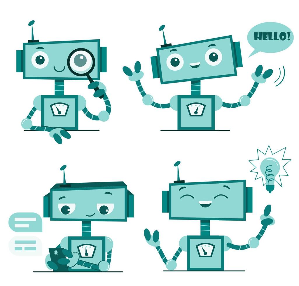 Smiling cute robots chat bot. Support service character. vector