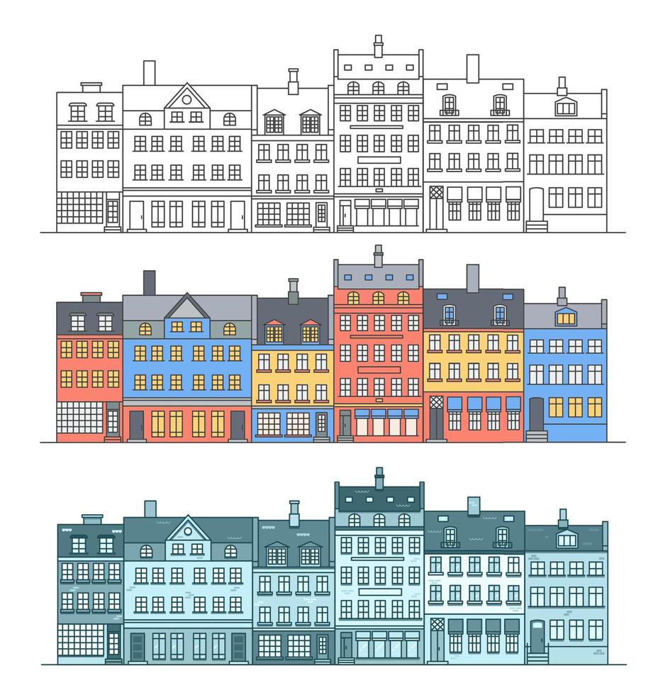 Amsterdam buildings skyline. Linear colored cityscape with various row houses. Outline illustration with old Dutch buildings. vector