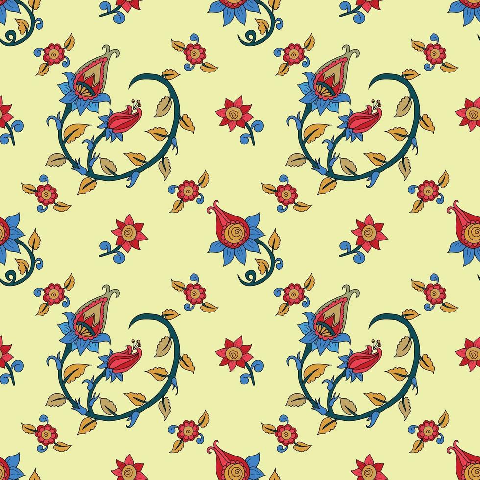 Seamless pattern with elements of Indian painting in the kalamkari style and paisleys. vector