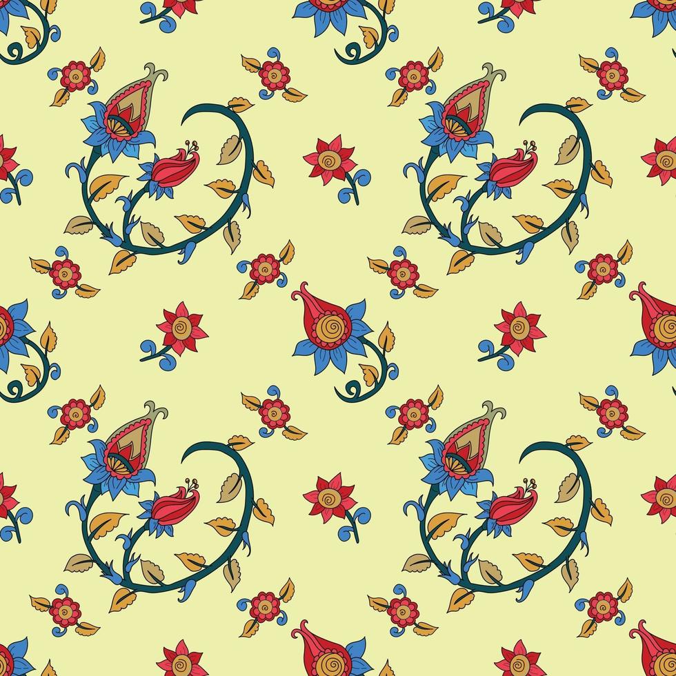 Seamless pattern with elements of Indian painting in the kalamkari style and paisleys. vector