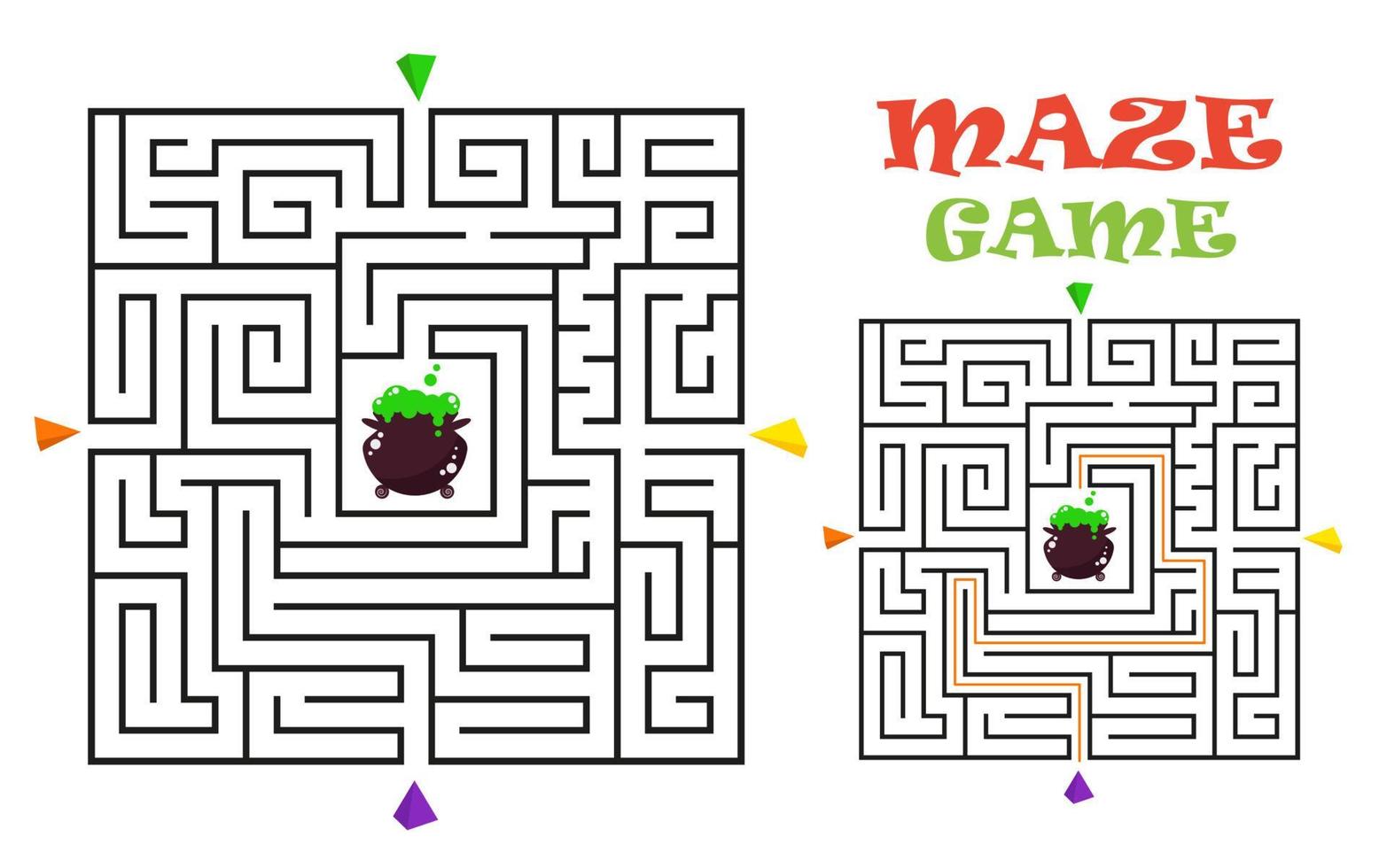 Rectangular halloween maze labyrinth game for kids. Labyrinth logic conundrum. Four entrance and one right way to go. Vector flat illustration