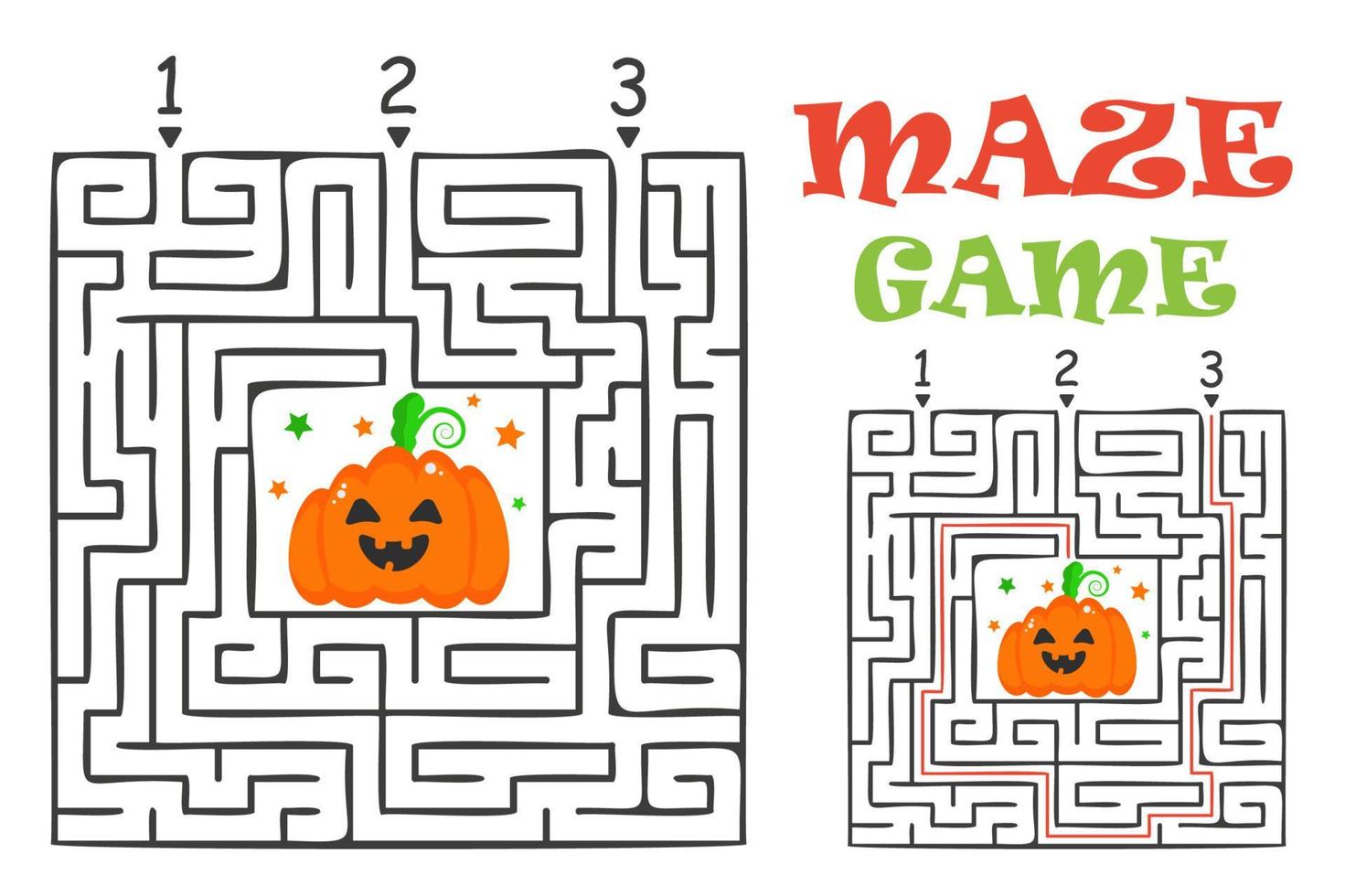 Rectangular halloween maze labyrinth game for kids. Labyrinth logic conundrum. Three entrance and one right way to go. Vector flat illustration isolated on white background.