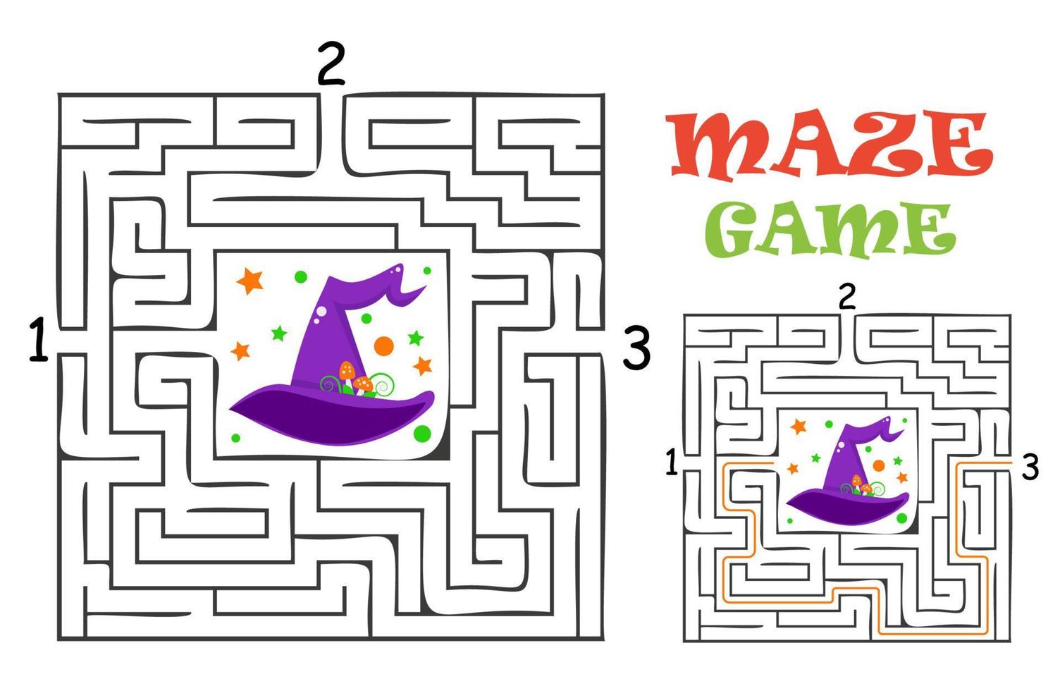 Rectangular halloween maze labyrinth game for kids. Labyrinth logic conundrum. Three entrance and one right way to go. Vector flat illustration isolated on white background.
