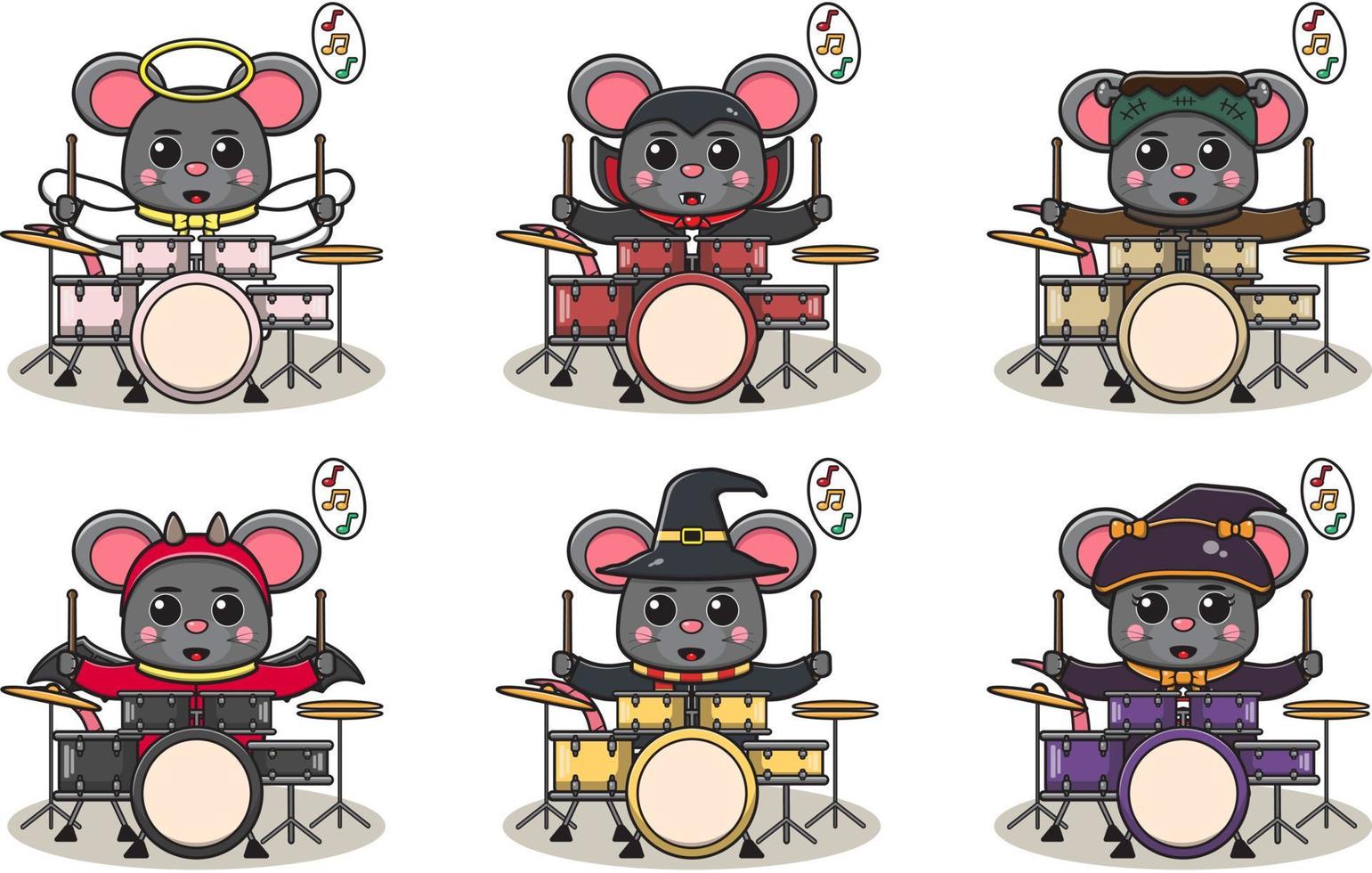 Ilustración vectorial de lindo ratón con disfraz de halloween tocando el tambor. vector