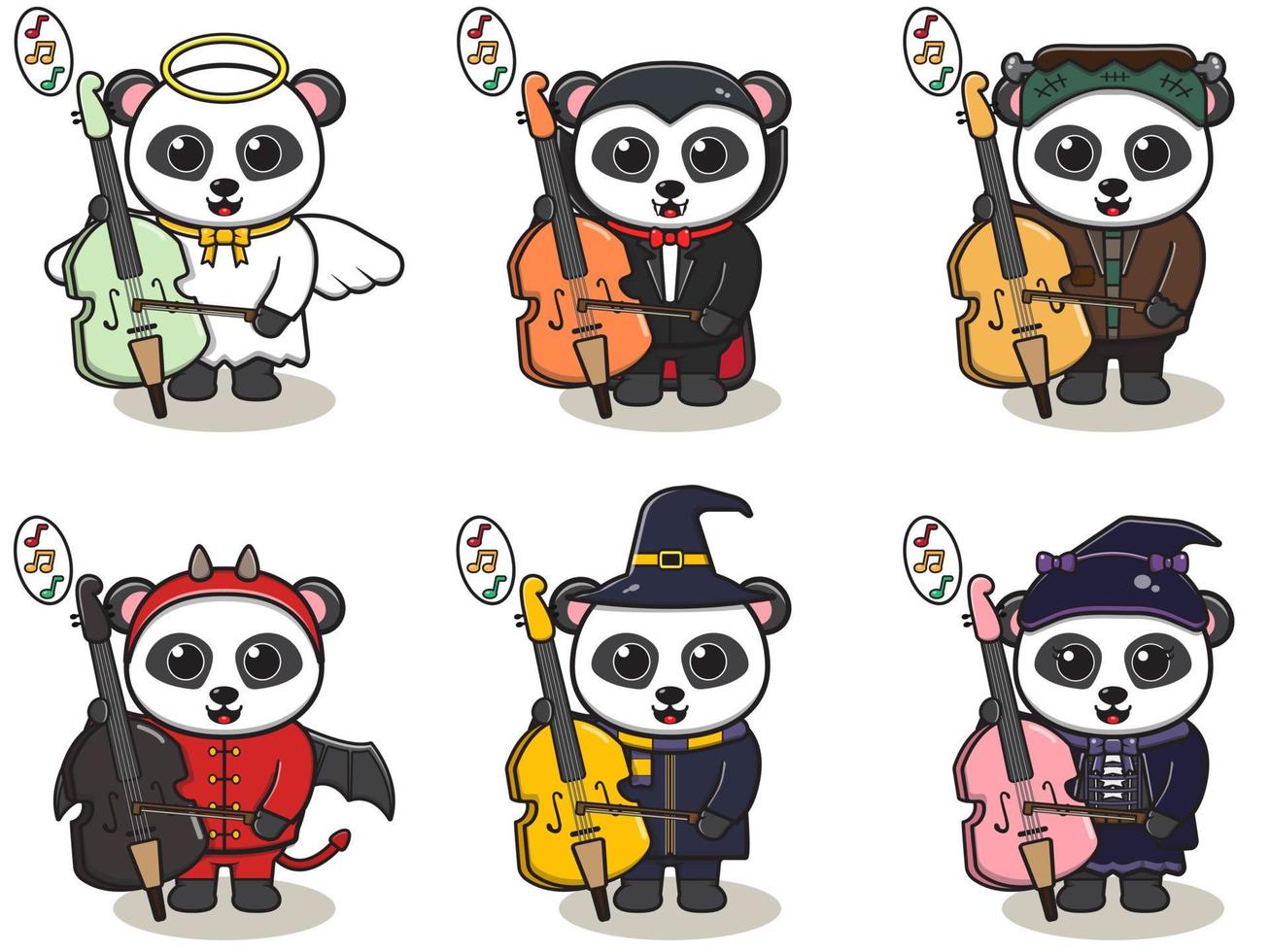 Ilustración vectorial de lindo panda con disfraz de Halloween tocando el violonchelo vector