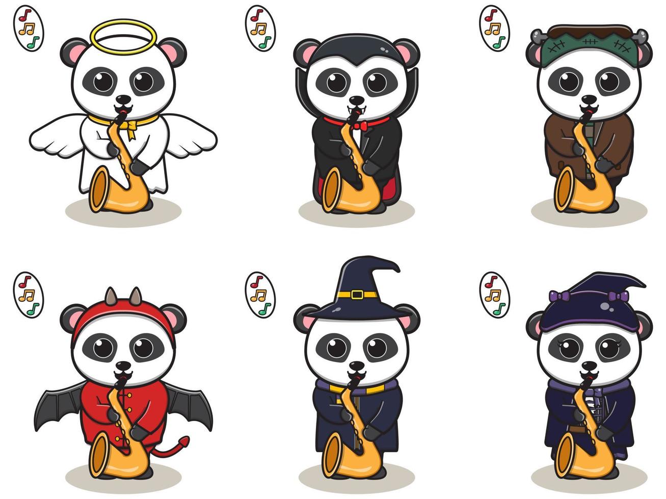 Ilustración vectorial de lindo panda con disfraz de halloween tocando el saxofón vector