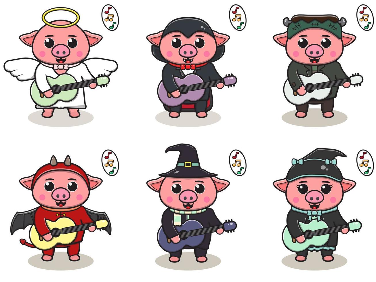 Vector illustration of Pig with Halloween costume playing Guitar