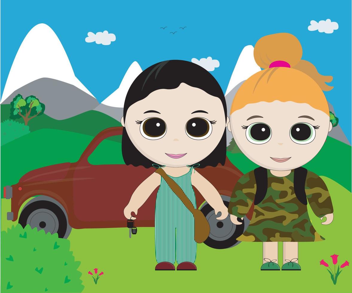 Cute cartoon children's illustration.Two girls went by car to travel to the Altai mountains vector