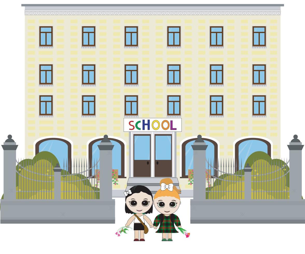 a children's illustration showing two girls going to school on September 1 vector