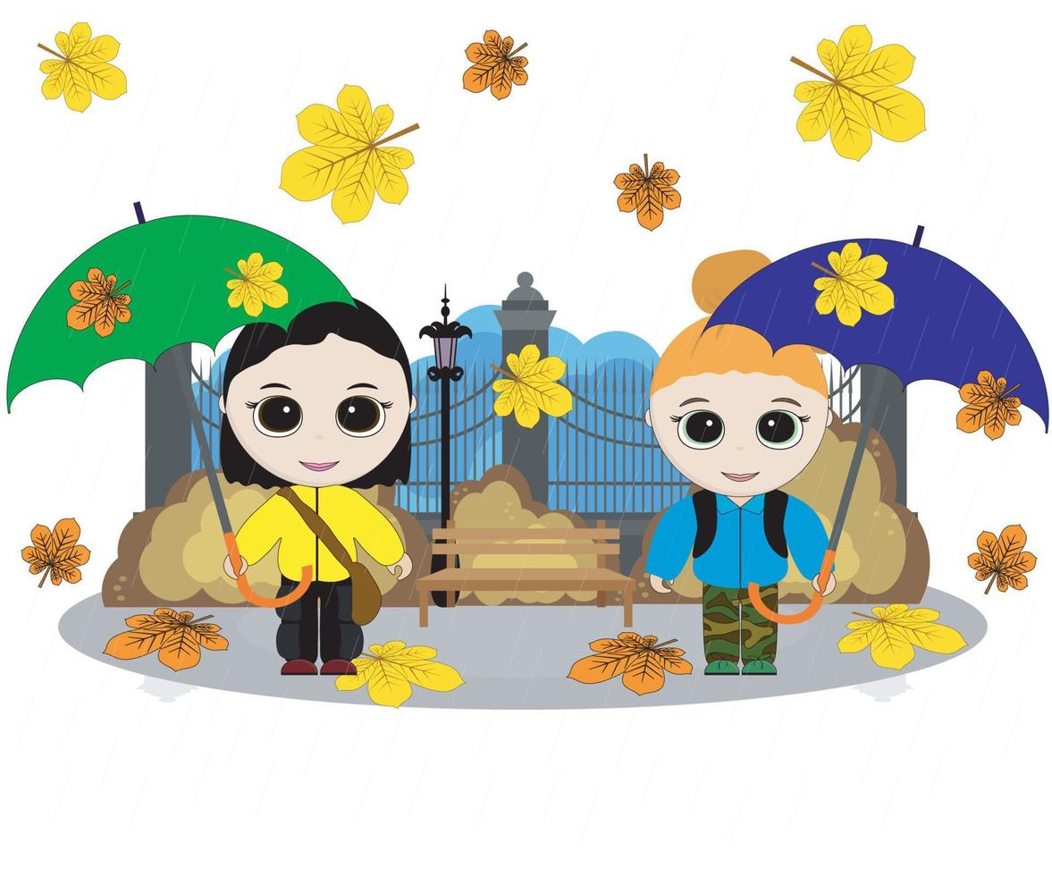 Cute cartoon children's vector illustration. Children stand in the rain in autumn with umbrellas