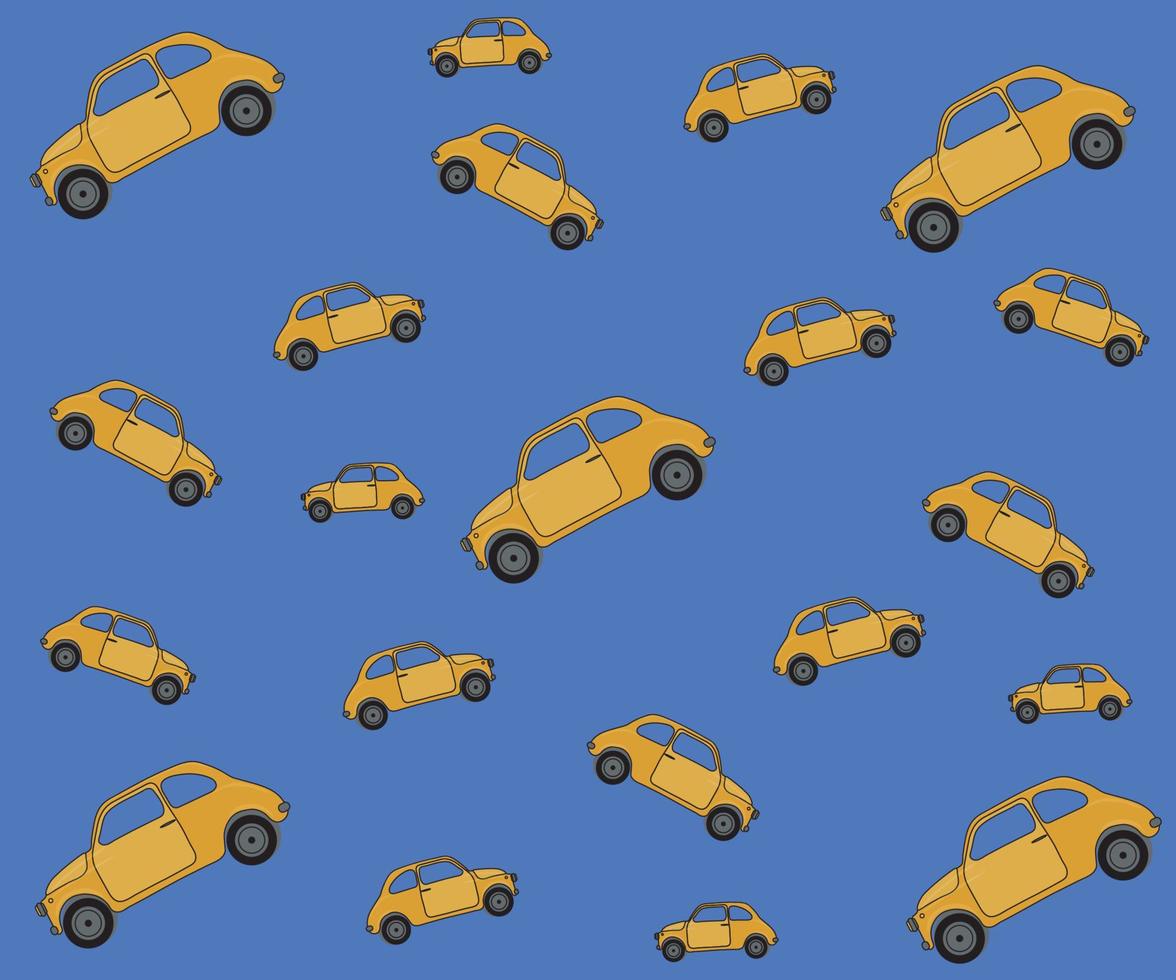 Un patrón de pequeños autos amarillos sobre un fondo azul. vector
