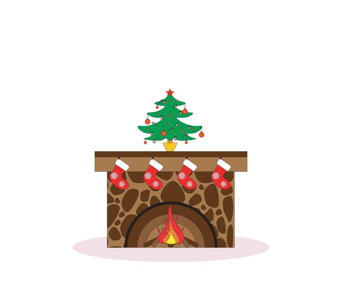 fireplace with a Christmas tree and socks for gifts vector