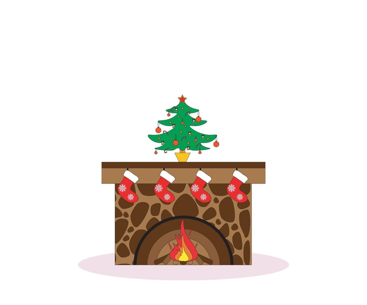 chimenea con árbol de navidad y calcetines para regalos vector