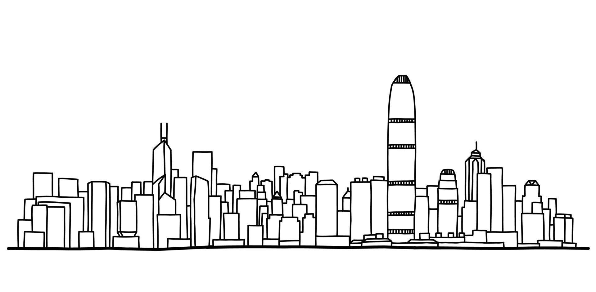 Hong Kong cityscape skyline outline doodle drawing on white background. vector