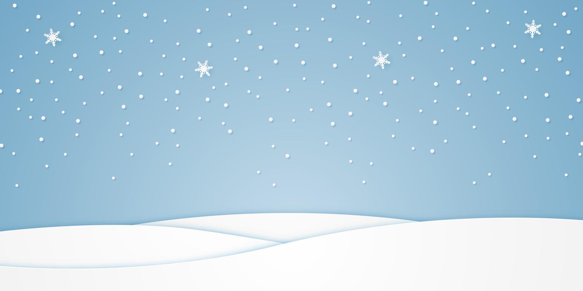 landscape and snow falling in winter season, white hill, paper art style vector