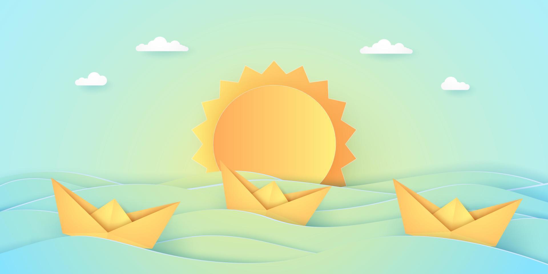 horario de verano, mar con barco de origami y sol, estilo de arte en papel vector