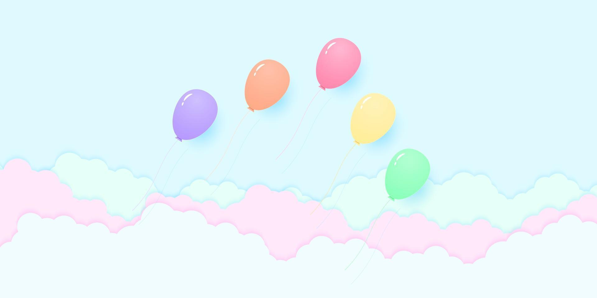 colorful pastel color balloons flying in the sky, rainbow color pattern, paper art style vector