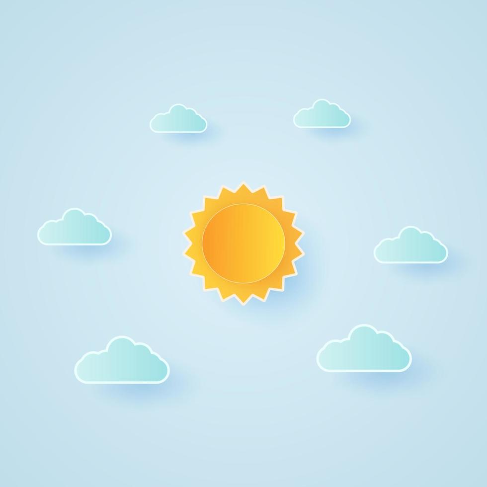 Cloudscape, blue sky with clouds and bright sun, paper art style vector