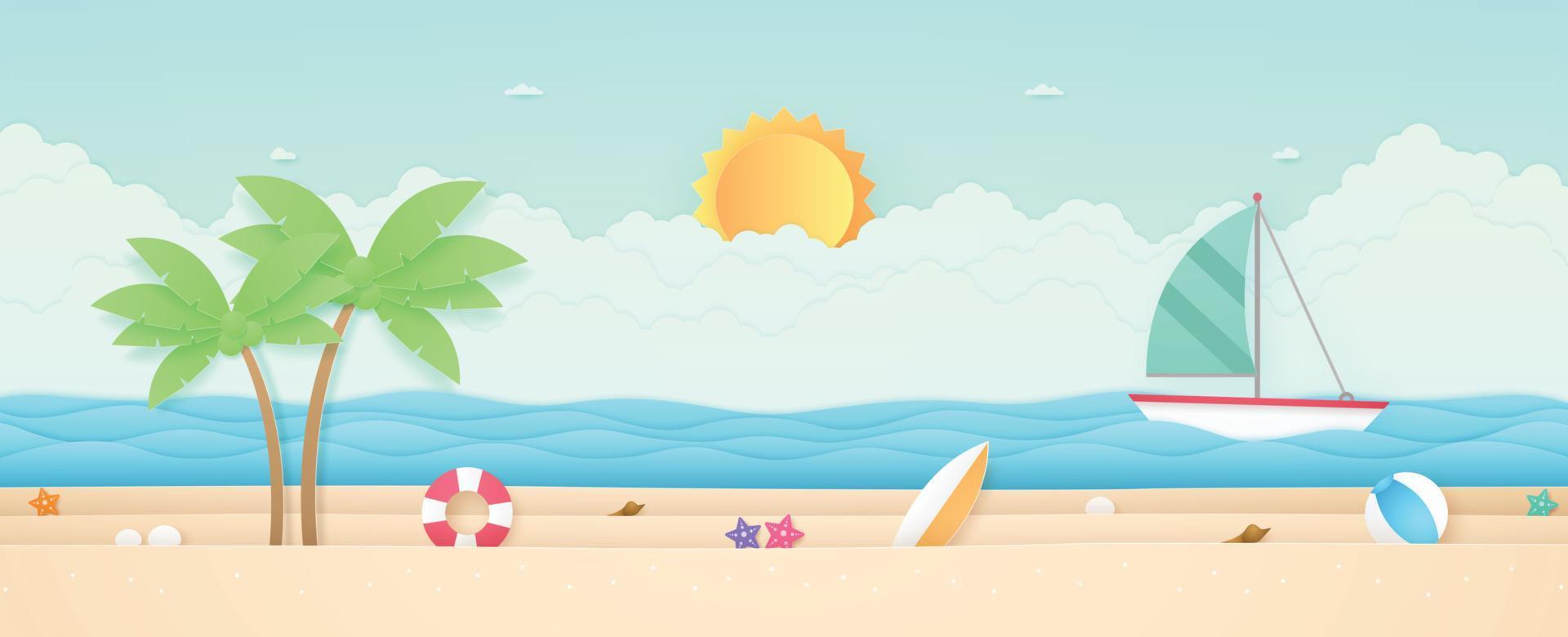 Summer Time, seascape, landscape, sailboat with sea, beach and stuff, cloud, sun, paper art style vector
