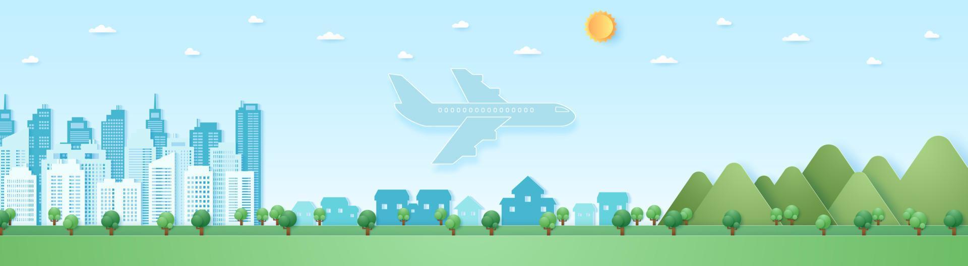 Eco city, Cityscape, Landscape, Building, village and mountain with blue sky and sun, airplane flying to destination, transportation, paper art style vector