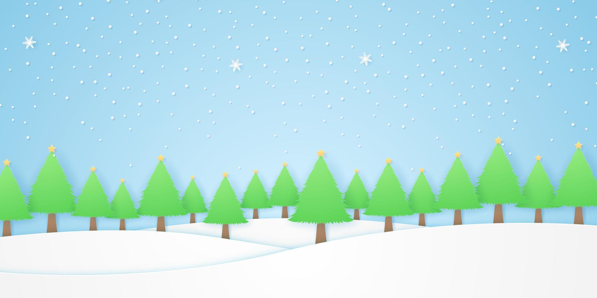 landscape, trees with star and snow falling in winter season, white hill, paper art style vector