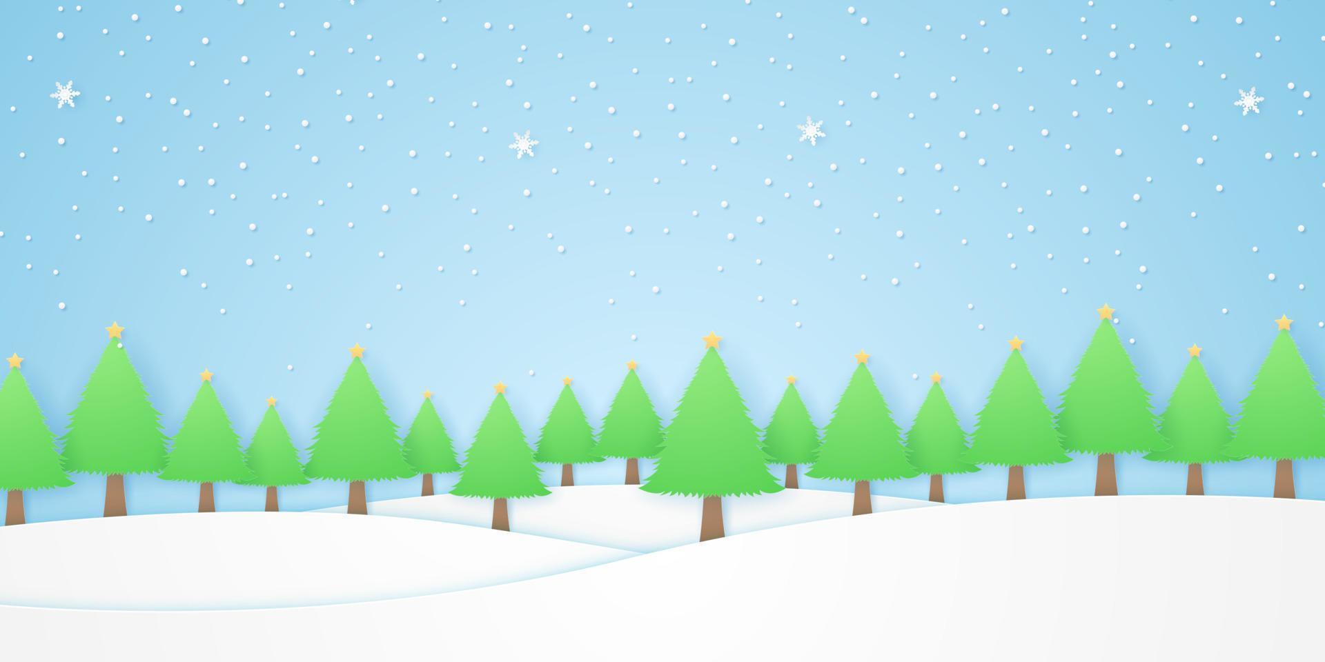 paisaje, árboles con estrellas y nieve cayendo en la temporada de invierno, colina blanca, estilo de arte en papel vector