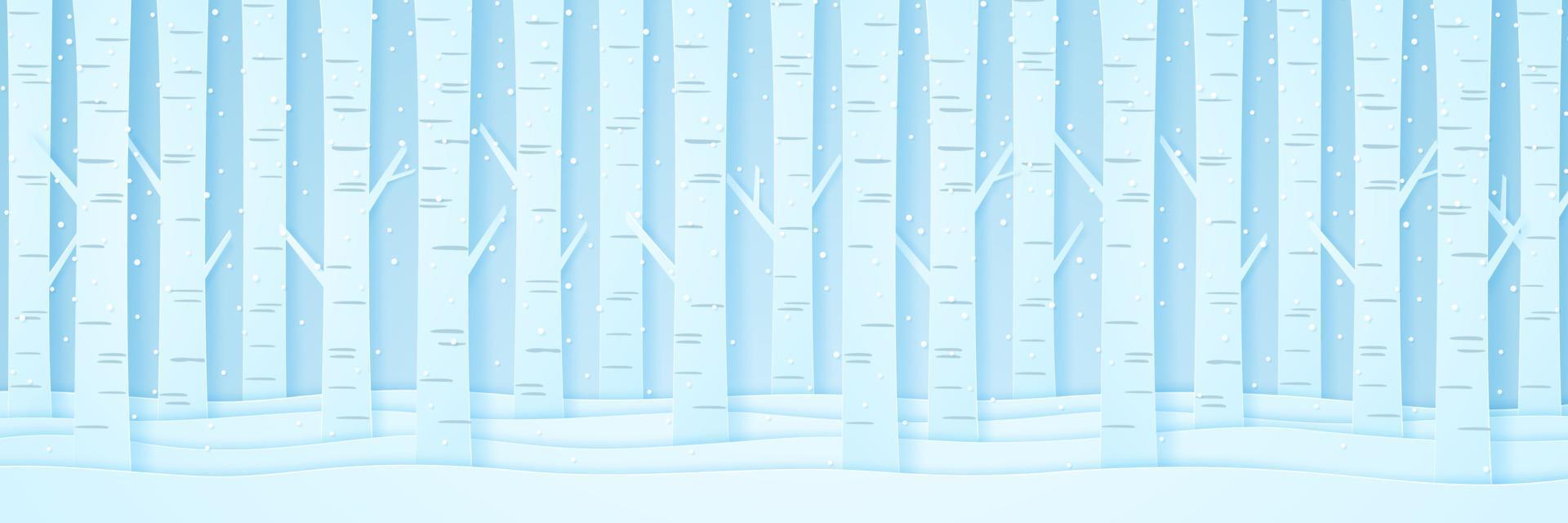 Pine trees on snow in winter landscape with snow falling and snowflakes, paper art style vector