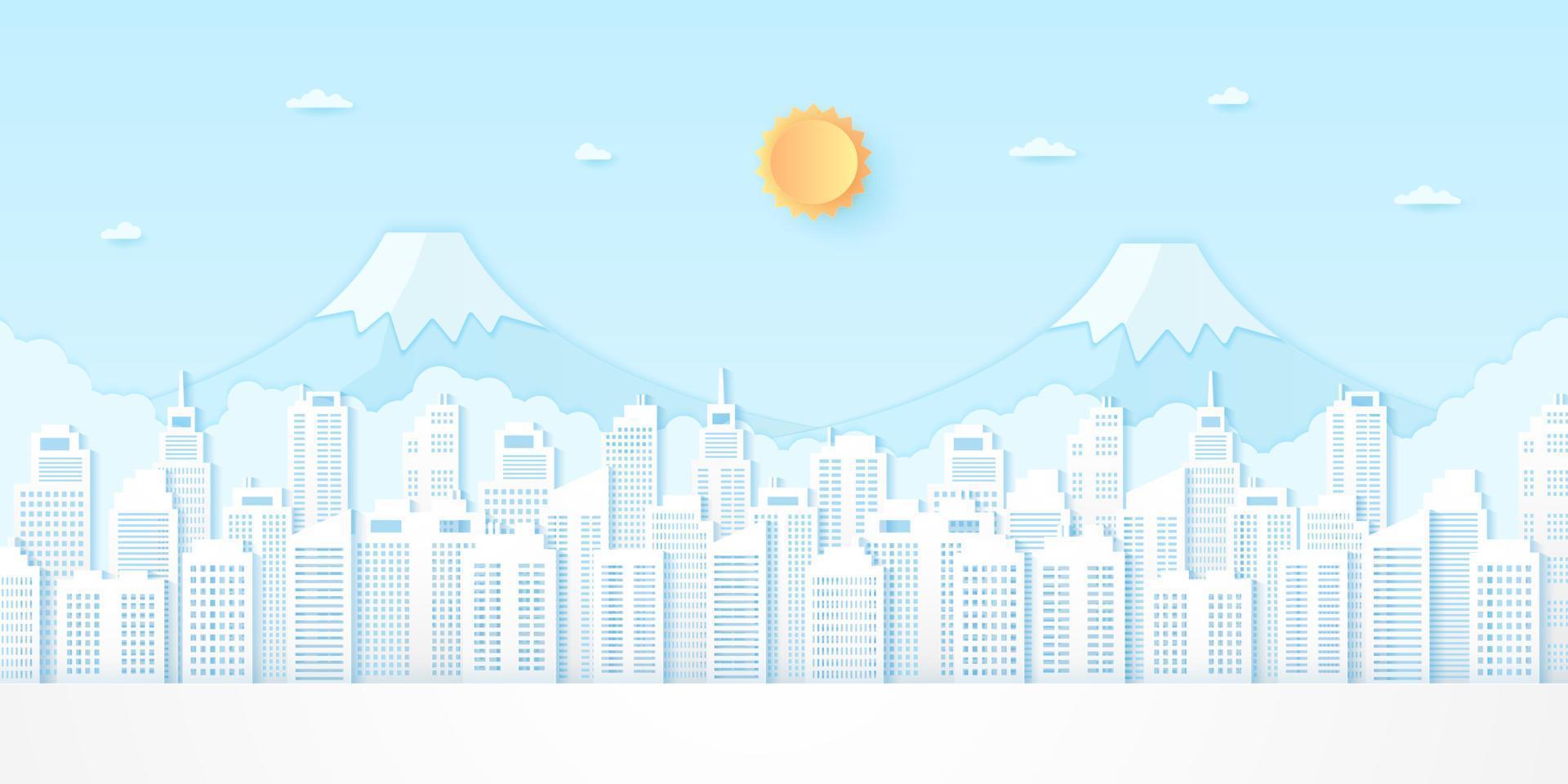 Cityscape, building and mountain with blue sky and bright sun, paper art style vector