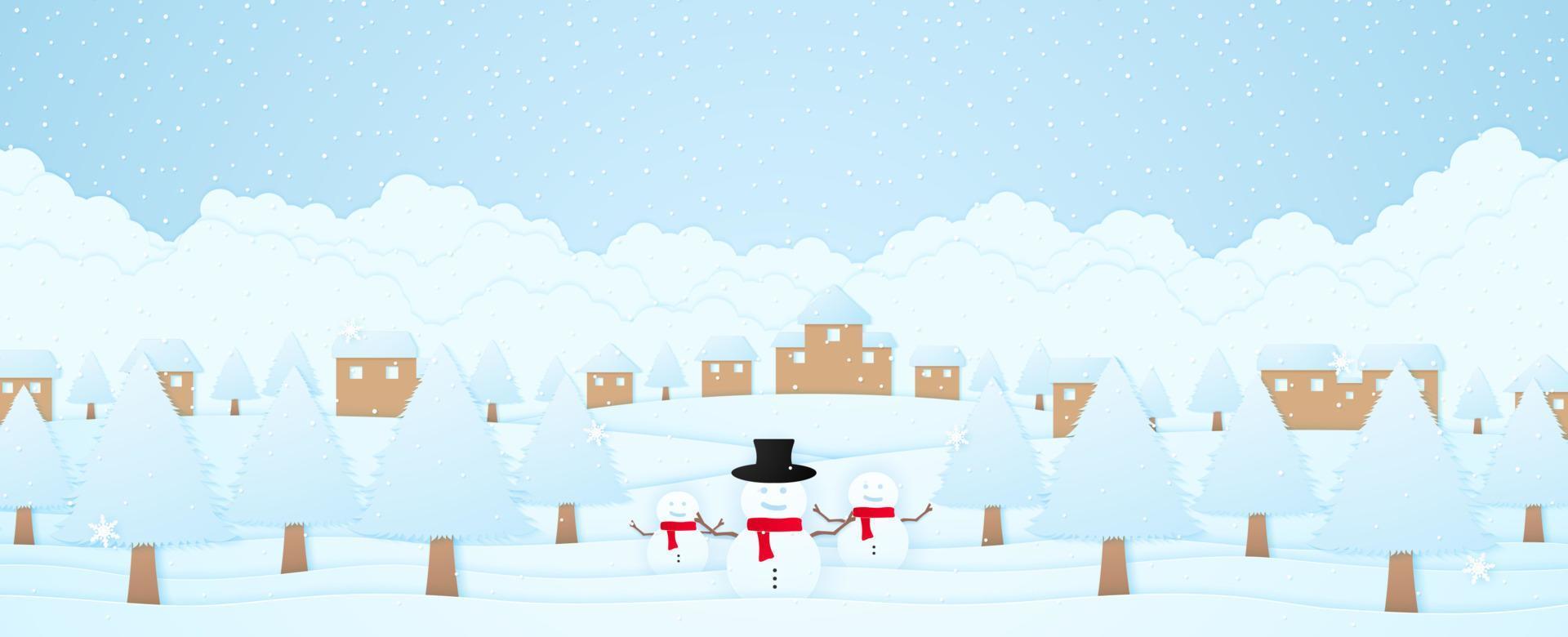 feliz navidad, muñeco de nieve de bienvenida y árboles en la nieve, paisaje invernal, pueblo o casa en la colina y nieve cayendo con copo de nieve, tarjeta de invitación, estilo de arte en papel vector