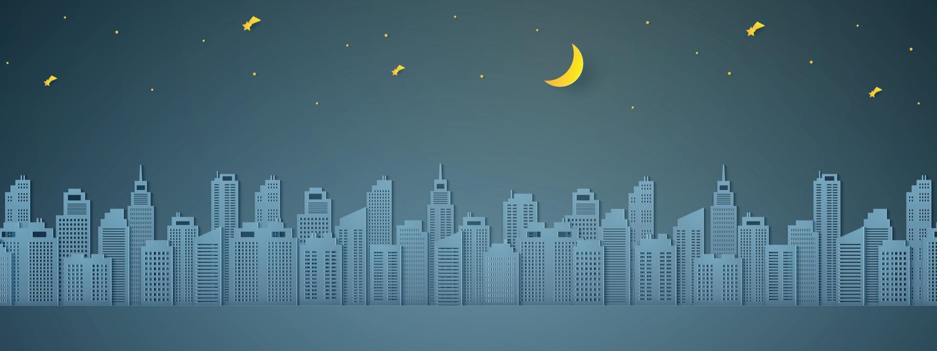 Cityscape at night, building with half moon and star, paper art style vector