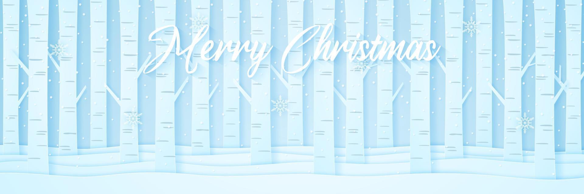 Pine trees on snow in winter landscape with snow falling and snowflakes, lettering, paper art style vector