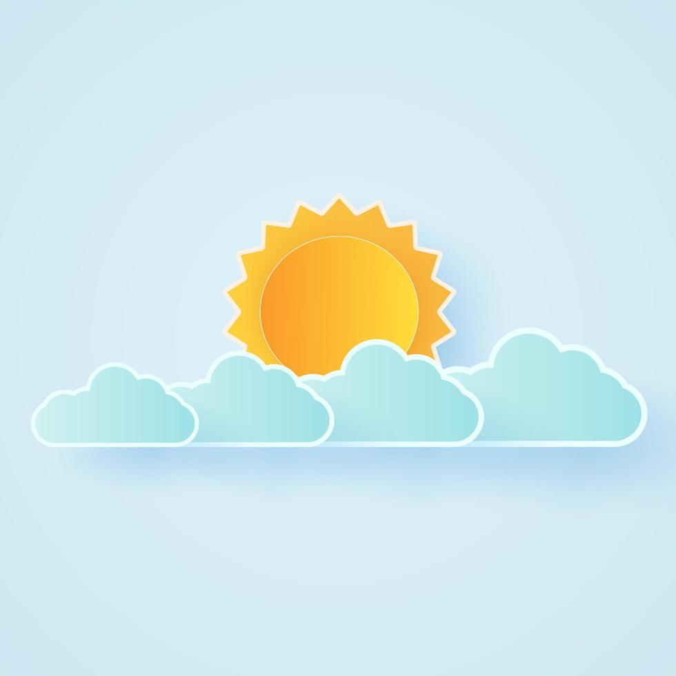 Cloudscape, blue sky with clouds and bright sun, paper art style vector