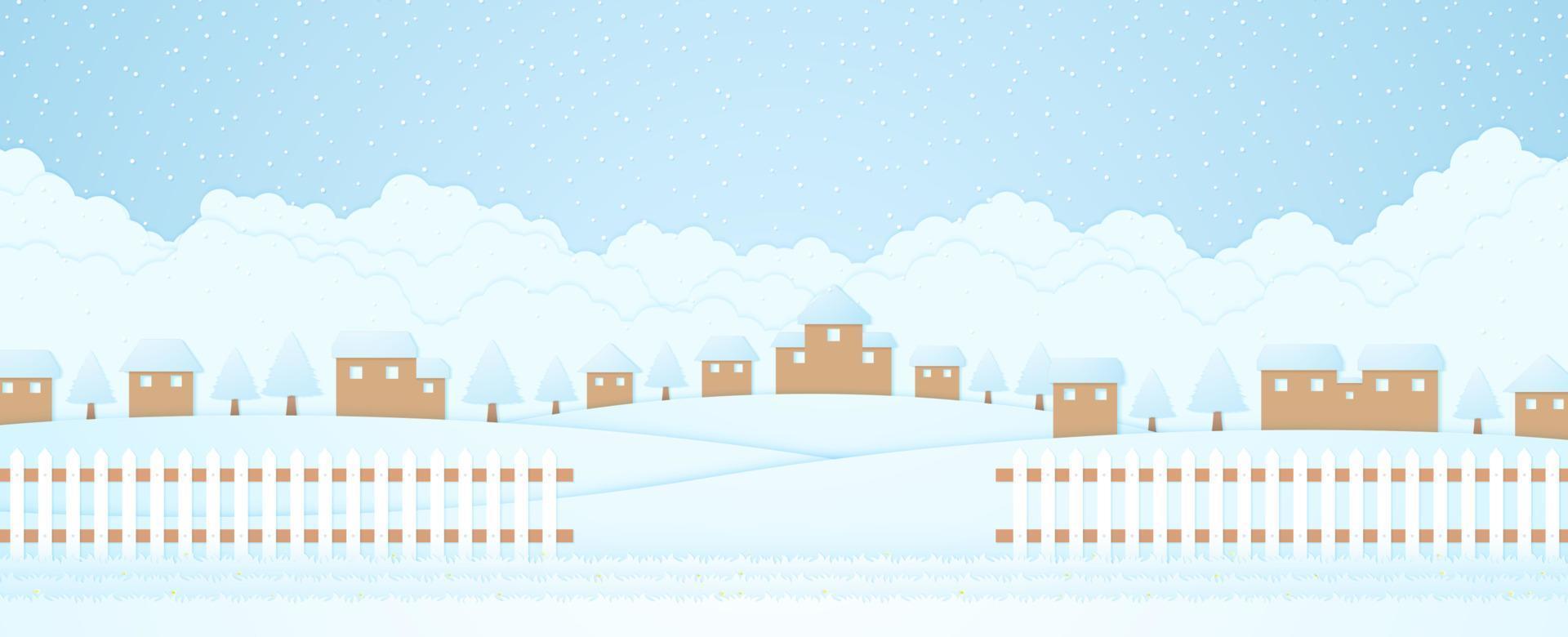 winter landscape, village or house and trees on hill with snow falling, grass and fence, cloud background, paper art style vector