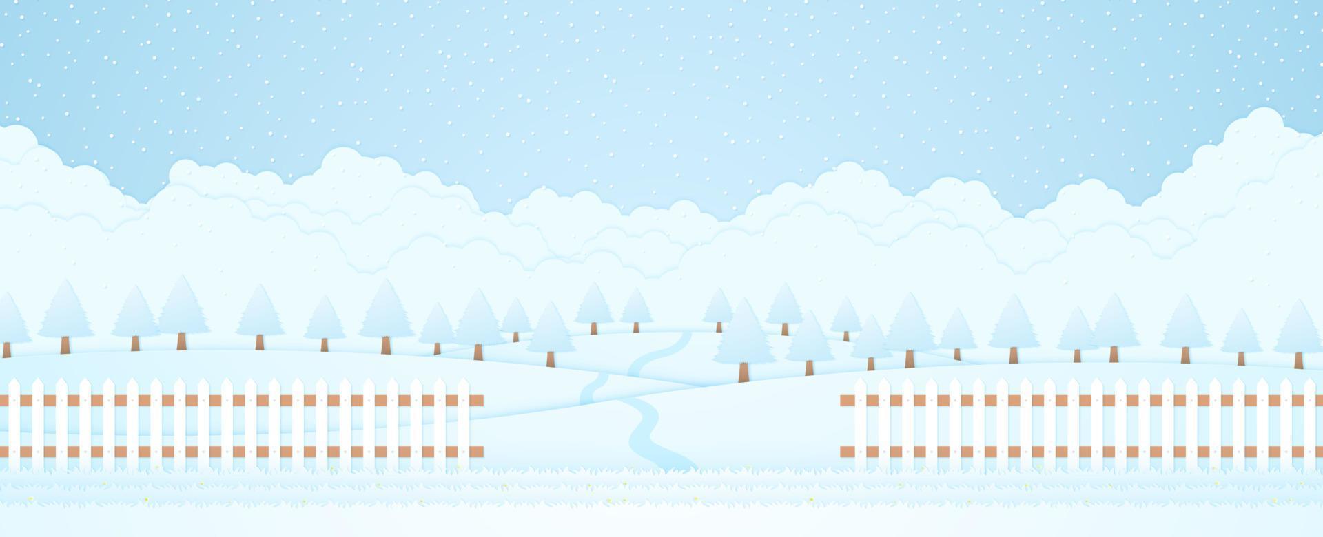 winter landscape, trees on hill and snow falling, grass and fence, paper art style vector