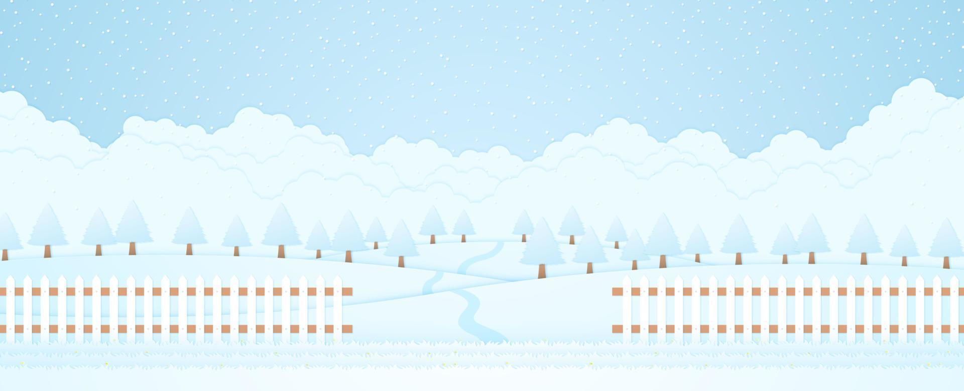 paisaje de invierno, árboles en la colina y nieve cayendo, césped y cerca, estilo de arte en papel vector