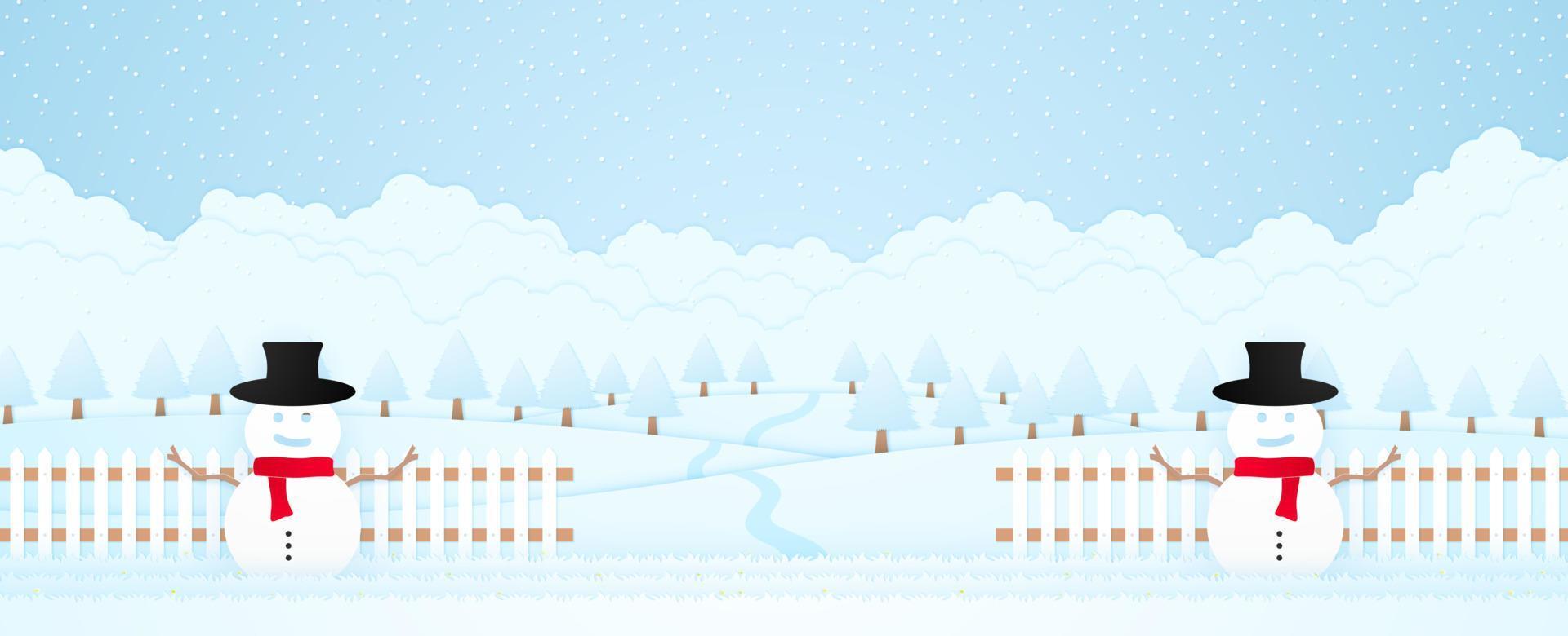 feliz navidad, muñeco de nieve de bienvenida en la hierba y la cerca detrás, paisaje invernal, árboles en la colina y nieve cayendo, tarjeta de invitación, estilo de arte en papel vector