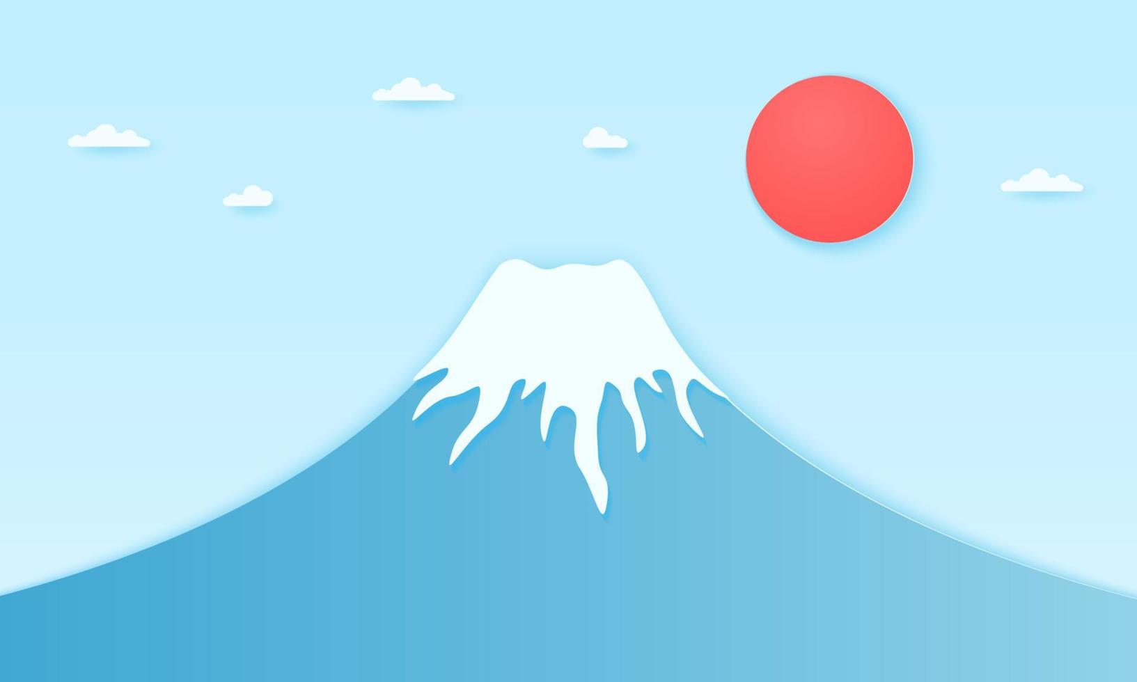 montaña fuji con sol y nubes, estilo de arte en papel vector