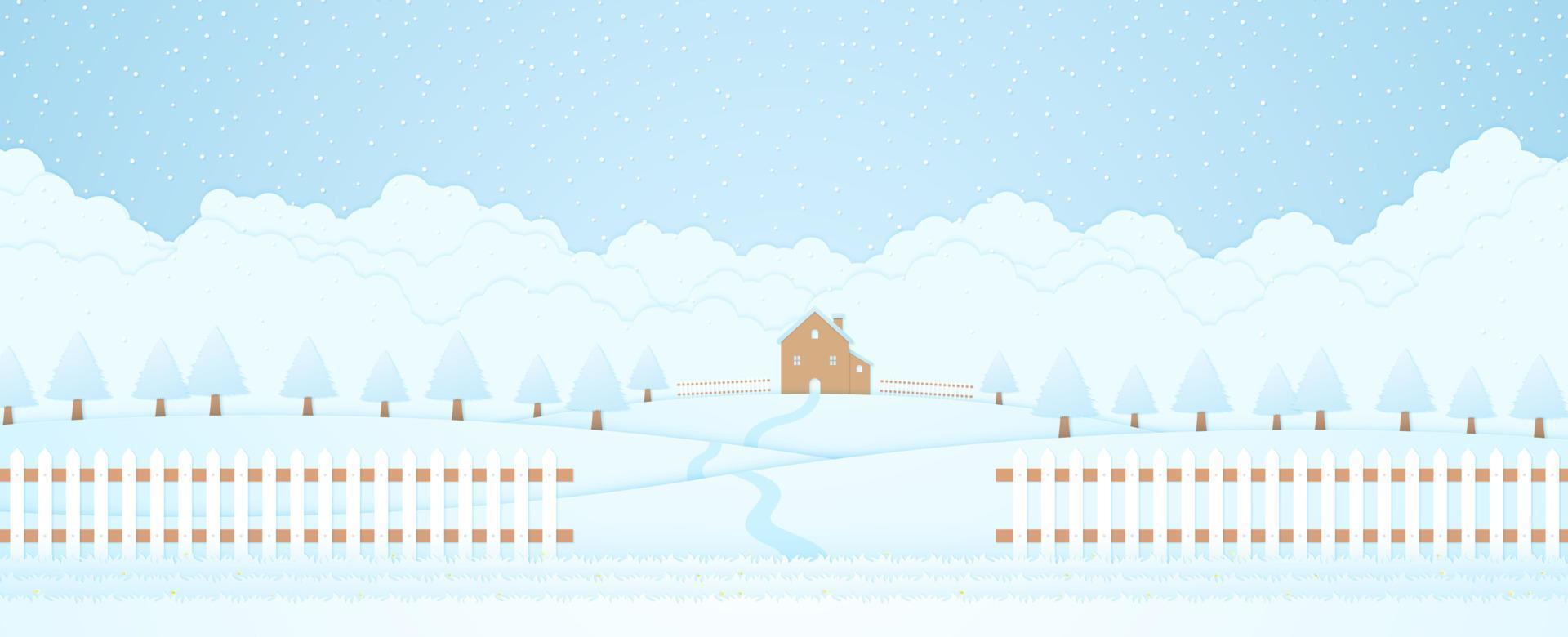 paisaje de invierno, casa y árboles en la colina con nieve cayendo, césped y cerca, fondo de nubes, estilo de arte en papel vector